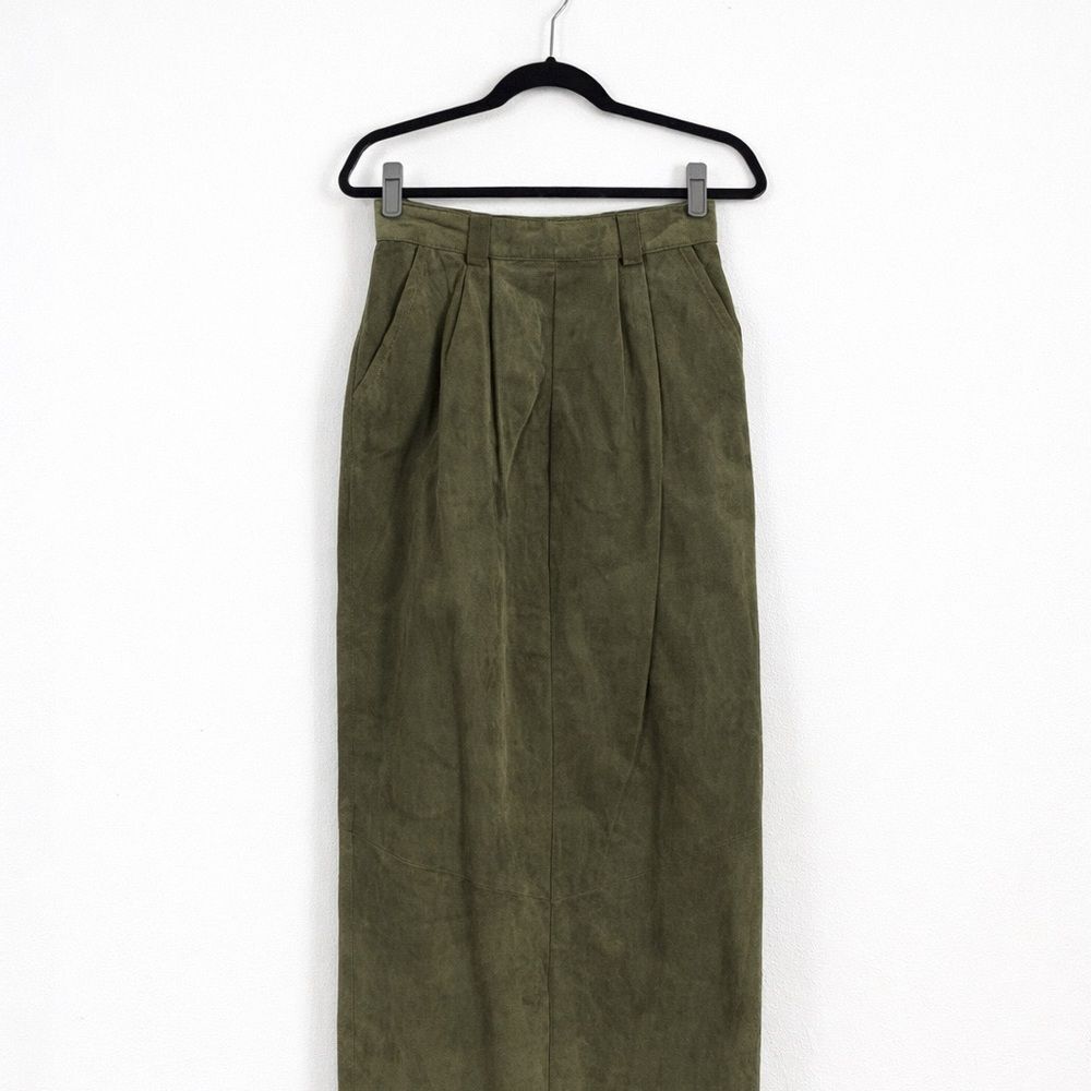 Vintage Olive Green Pigskin Leather Midi Pencil Skirt High Waist